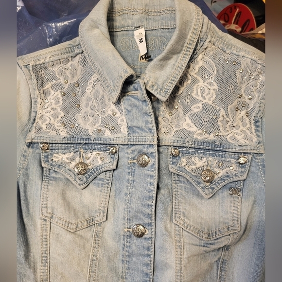 Miss Me Cropped Stone Wash Denim Med Jacket Rhinestones and Lace - Picture 14 of 15